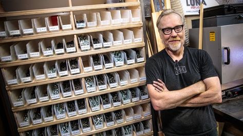 Adam Savage’s One Day Builds: Workshop Hardware Storage Work Glove Storage, Adam Savage Workshop, Parts Storage Ideas, Hardware Storage Ideas, Screw Storage Ideas, Workshop Organization Ideas, Woodshop Storage, Hardware Organization, Bolt Storage