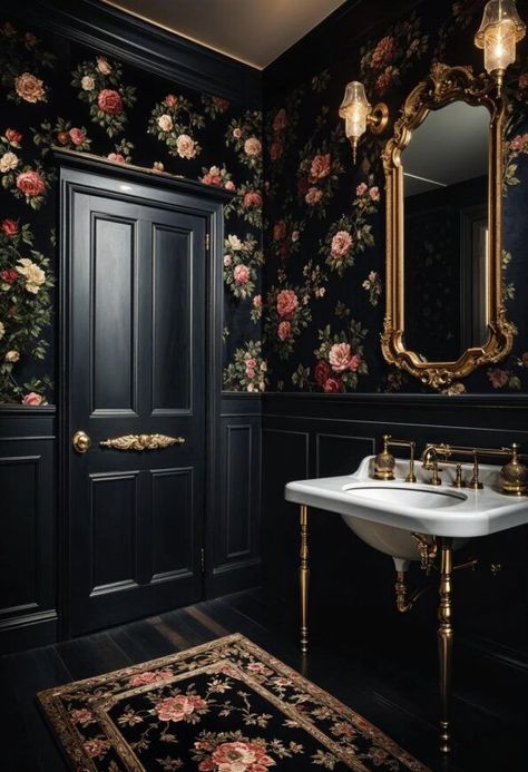 Gothic Bathroom Wallpaper, Gothic Powder Room, Romantic Gothic Bathroom, Victorian Powder Room Ideas, Dark Gothic Bathroom, Gothic Half Bath, Dark Moody Wallpaper Bathroom, Moody Victorian Aesthetic, Dark Eclectic Bathroom