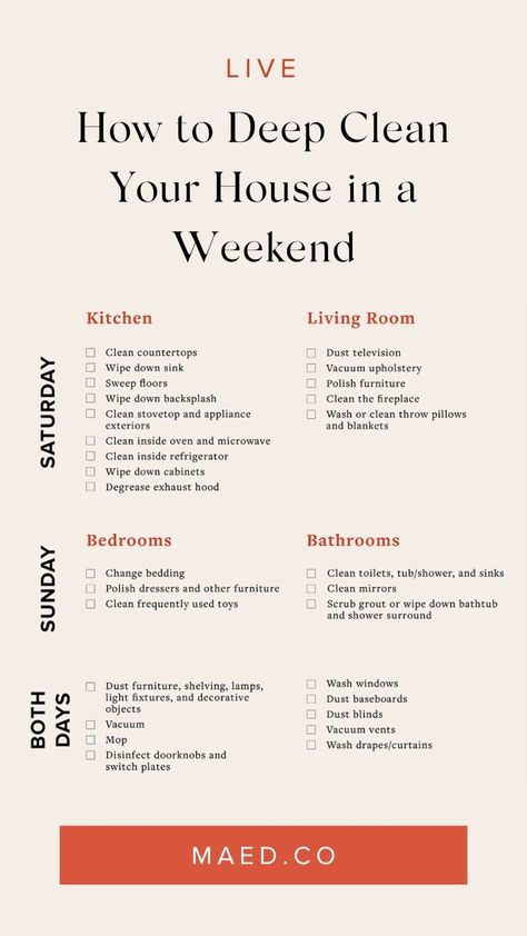 Learn our quicker and more efficient way to clean your home with our two-day deep cleaning plan. Maximize your weekend productivity. Deep Cleaning Checklist, Deep Cleaning House, Clean Your House, Cleaning Stuff, Diy Cleaning Hacks, House Cleaning Checklist, Cleaning List, Deep Cleaning Tips, Cleaning Motivation