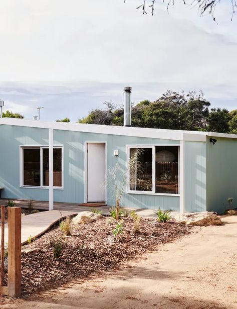 Lucy Unveils Her Family Beach Shack (That You Can Stay In Too!) Surf Shack Exterior, Beach Shack Exterior, Beach Shacks, Small Beach Houses, Beach House Exterior, Eggshell White, Tasmania Australia, Exterior Paint Color, Timber Door