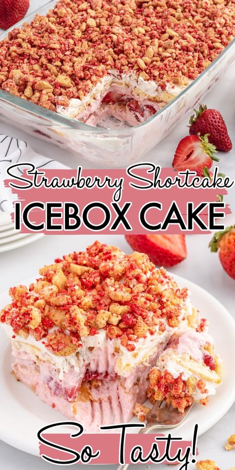 Strawberry Vanilla Oreo Dessert, Strawberry Shortcake Icebox Cake, Strawberry Shortcake Freezer Pie, Strawberry Shortcake Brownies, Fridge Desserts, Strawberry And Cream Cheese, Summertime Desserts, Icebox Cakes, Strawberry Icebox Cake