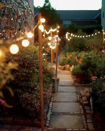 festoon lights, garden, garden path, outdoor living Garden Path Lighting, Led Globe String Lights, Fairy Lights Garden, Best Outdoor Lighting, Outdoor Lighting Design, Diy Outdoor Lighting, Bohemian Garden, Backyard Lighting, Outdoor Light Fixtures