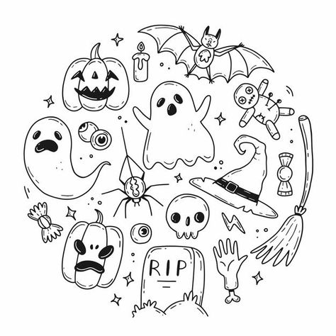 Cartoon Fall Drawings, Cute Cartoon Halloween Drawings, How To Draw Cute Halloween Stuff, Fall And Halloween Doodles, Small Drawings Halloween, Simple Doodles Halloween, Drawing Ideas Hollween, Simple Halloween Illustration, Cute Small Easy Doodles Halloween