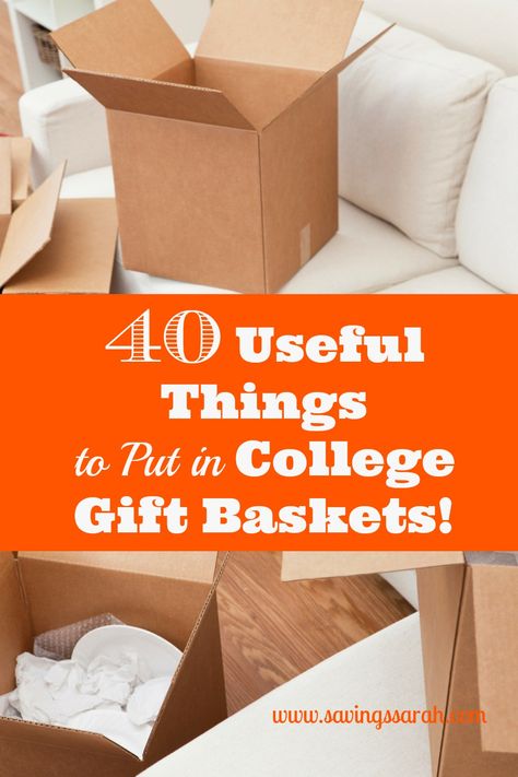 Want to be a hero to a student heading off to college or returning for a new year? Fill a gift basket from among these 40 useful and not expensive items and watch a college student's eyes light up when you give it to him or her. College Basket, College Gift Baskets, Gifts For Old People, College Student Style, Graduation Gift Basket, Kids Gift Baskets, Going To College, College Survival, Useful Things