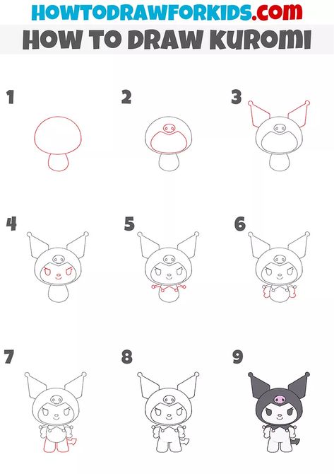 How to Draw Kuromi - Easy Drawing Tutorial For Kids Kuromi Drawing Easy Step By Step, Kuromi Simple Drawing, Kuromi Drawing Tutorial, How To Draw Hello Kitty Characters Step By Step, Kuromi How To Draw, Kuromi Drawing Sketch, How To Draw Kuromi Sanrio Step By Step, Kuromi Drawing Step By Step, Sanrio How To Draw