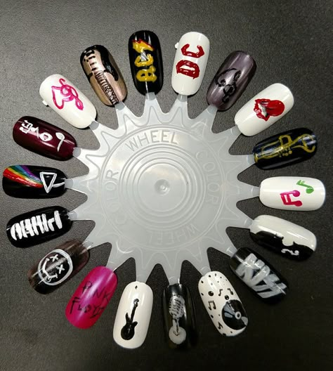 Music nails, guitar, piano, pink Floyd, nirvana, kiss, rolling stones, ac dc Pink Floyd Nails, Rock Nail Art, Nirvana Nails, Rocker Nails, Music Nail Art, Music Nails, Rock Nails, Band Nails, Punk Nails