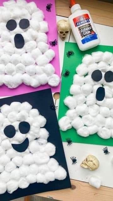 Easy Halloween Arts And Crafts For Kids, Puffy Ghost Halloween Craft, Halloween Crafts Easy Kids, Paper Plate Ghost Crafts For Kids, Cotton Ball Ghost Craft, Kid Crafts Halloween, Cottonball Ghosts, Halloween Crafts Kids Easy, Halloween Ghost Crafts For Kids