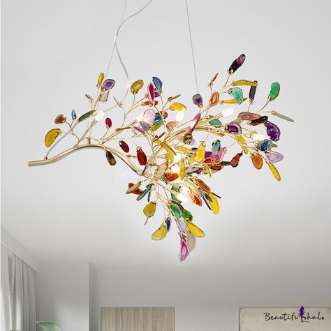 Suspension Chandelier, Bedroom Chandeliers, Colorful Pendant Light, Stone Lighting, Pink Chandelier, Lamp Gold, Chandelier Modern, Foyer Lighting, Craft Lights