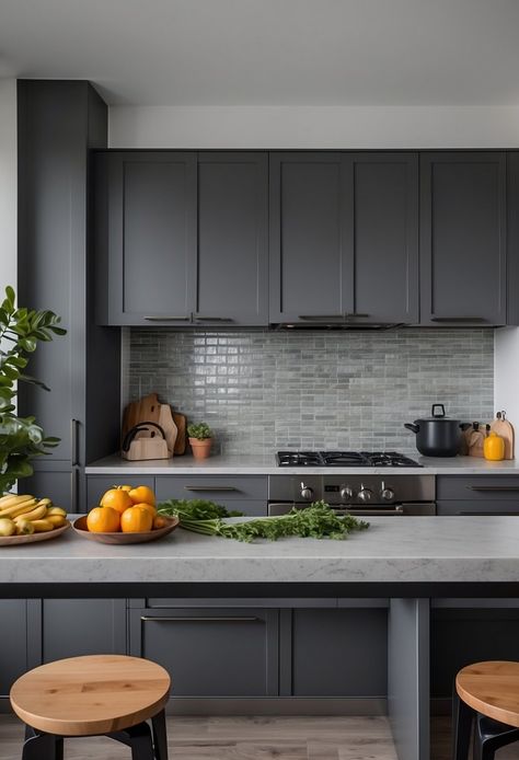 Gray And White Kitchen Cabinets, Grey Painted Kitchen, Dark Grey Kitchen Cabinets, Gray Kitchen Cabinets, Серая Кухня, Dark Grey Kitchen, Gray And White Kitchen, Green Kitchen Cabinets, Lake Cabin