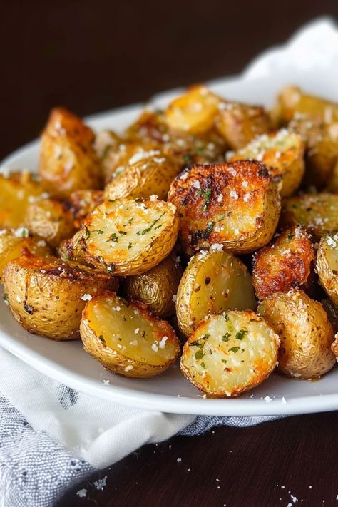 Get ready for the most irresistible side dish – Roasted Garlic Butter Parmesan Potatoes! These crispy, golden bites are packed with buttery garlic flavor and a cheesy Parmesan crust. Perfect for dinner parties, holidays, or everyday meals, these potatoes will disappear off the plate in no time! #RoastedPotatoes #GarlicButterPotatoes #ParmesanPotatoes #CrispyPotatoes #EasySideDish #PotatoRecipes #CheesyPotatoes #ComfortFood #OvenBakedPotatoes #RoastedVeggies #DinnerIdeas #HolidayRecipes Dinner With Small Potatoes, Potato Garlic Parmesan, Potato Bites In Oven, Garlic Butter Potatoes Air Fryer, Petit Gold Potatoes Recipes, Recipes With Mini Potatoes, Crispy Garlic Parmesan Potatoes, Mini Golden Potatoes Recipe, Cheesy Roasted Potatoes