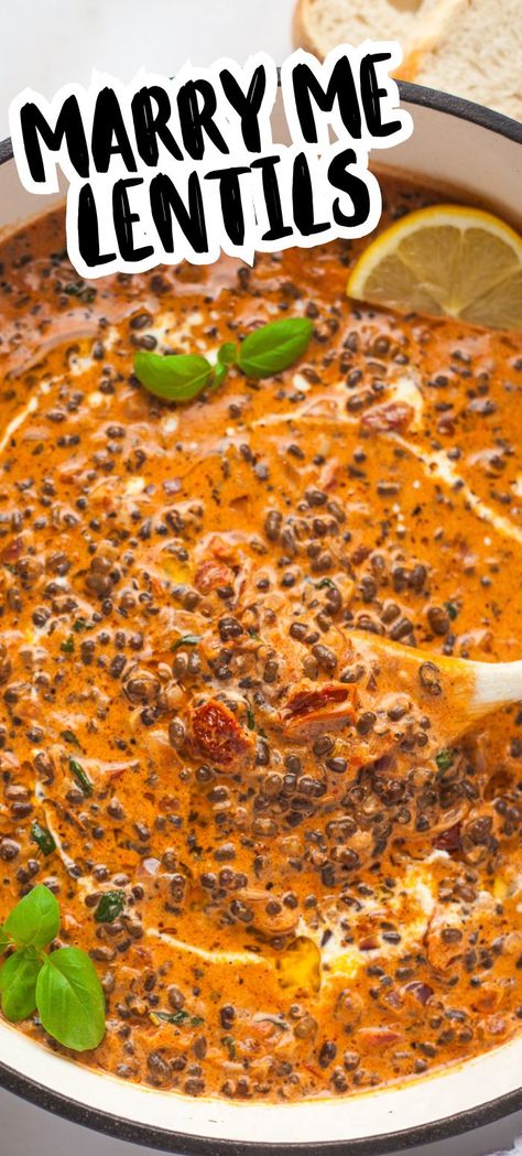 An easy dreamy pan of lentils in the viral creamy sundried tomato "marry me" sauce! This is amazing scooped up with bread, with rice or as a sweet potato topping. I love to use luxurious black lentils but it will also work with puy lentils or plain brown or green lentils. An amazing vegetarian protein packed recipe that will get you loving your lentils! Brown Rice Lentils, Vegan Recipes With Sundried Tomatoes, Lentil One Pot Recipes, Lentil And Brown Rice Recipes, Lentils Ground Beef, Lunch With Lentils, Lentil Sauce For Pasta, Yummy Lentil Recipes, Vegan Lentil Casserole Recipes