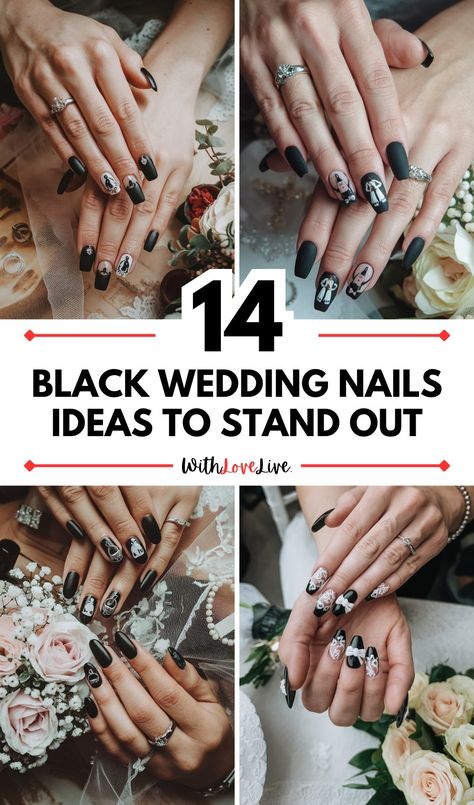 14 Black Wedding Nails Ideas to Stand Out - WithLoveLive Black Wedding Nails Square, Wedding Nails Black Dress, Black Gala Nails, Wedding Nails Bridesmaid Black, Black Tie Wedding Nails Guest, Black Wedding Nails Bridesmaid, Moody Wedding Nails, Goth Bridal Nails, Gothic Bridal Nails