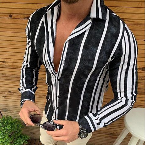 Blue And White Striped Shirt Dress, Blue And White Striped Shirt, Blouse Man, Mode Casual, Striped Shirt Dress, Tops Casual, Hip Hop Streetwear, Slim Fit Shirt, Grey Long Sleeve