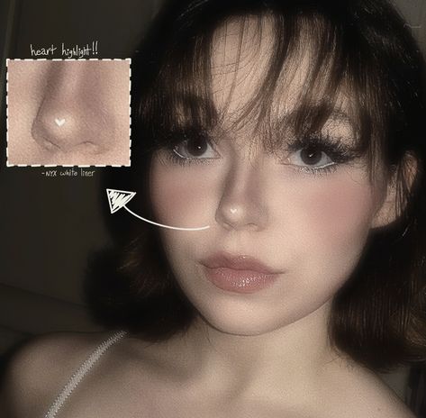 Heart Shape Contour, Heart Nose Highlight Makeup, Heart On Nose Makeup, Nose Heart Highlight, Heart Highlighter On Nose, Heart Nose Contour, Heart Nose Makeup, Heart Highlight On Nose, Heart Face Shape Makeup