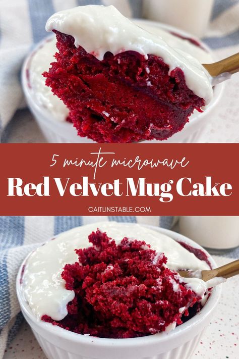 All you need to make this red velvet mug cake is your microwave, and it tastes just like it's made from a bakery! Quick, easy and delicious, this microwave red velvet mug cake is the best no bake dessert for home. Top with cream cheese frosting and enjoy this quick and easy treat. Red Velvet Mug Cake Microwave, Cream Cheese Mug Cake, Red Velvet Mug Cake Recipe, Red Velvet Mug Cake, Cake No Bake, Single Serve Cake, Bake Easy, Mug Cake Microwave, Single Serve Desserts