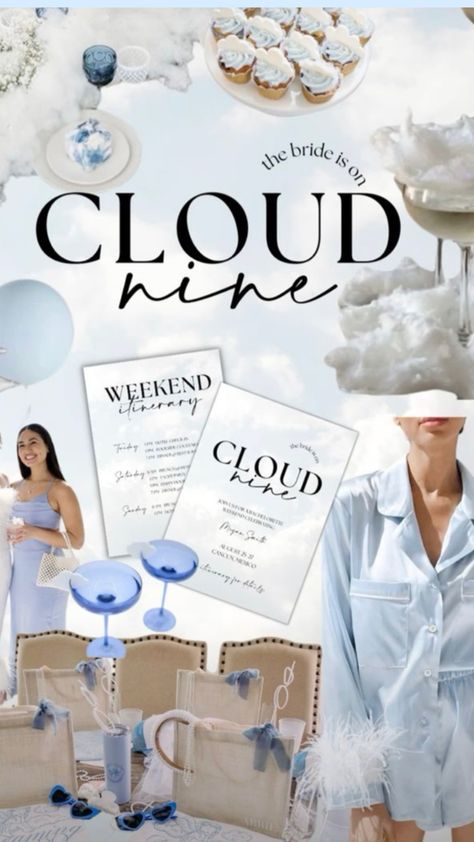 On Cloud Nine Bachelorette, Bachelorette Party Beach Theme, Bachelorette Outfit Themes, Blue Bachelorette, Bachelorette Party Theme, Camp Bach, Cloud Decor, Hens Party Themes, Bachelorette Inspo