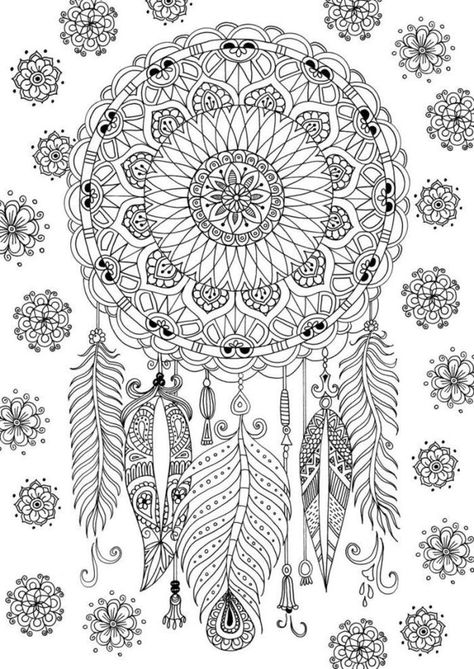 Mandala Art Printables, Dream Catcher Coloring Pages, Dream Catcher Mandala, A Coloring Page, Coloring Pages Inspirational, Free Adult Coloring Pages, Mandala Coloring Books, White Drawing, Adult Coloring Book Pages