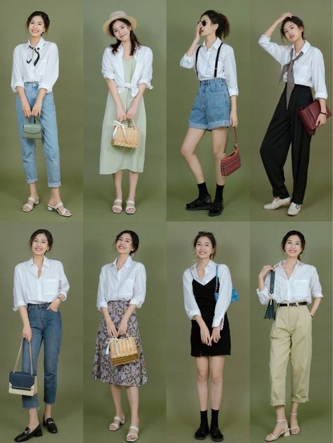 Mode Ulzzang, White Shirt Outfits, Korean Outfit Street Styles, Korean Casual Outfits, Korean Girl Fashion, Fashion Hacks Clothes, Kpop Fashion Outfits, Inspired Outfits, Look Vintage