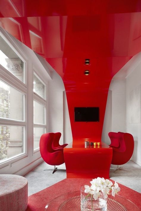 Red Interior Design, Red Office, Red Furniture, Bright Homes, Red Rooms, Red Decor, Workplace Design, Red Interiors, Red Rock