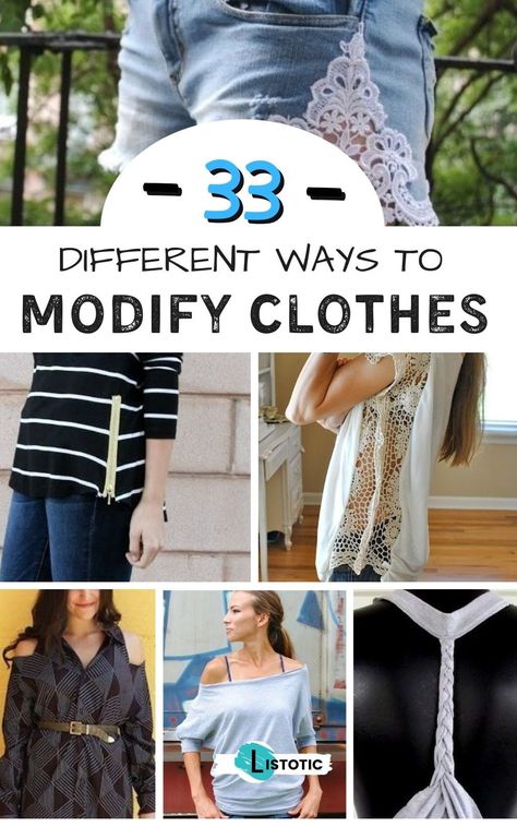 Tons of fun ideas to modify your clothes so they look more stylish then before. Great ideas for Thrifting! Find steals on clothes and refashion them to meet your needs and wants. See all 33 different ways to restyle your clothes on Listotic. Repurposed Clothing Diy, Refashion Clothes Upcycling, Thrifting Clothes, Modified Clothing, Remake Clothes, Thrifted Clothes, Reuse Clothes, Recycle Old Clothes, Unique Wardrobe