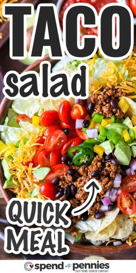 Crispy, crunchy, and colorful, who doesn’t love a Taco Salad? This easy taco salad recipe is so much fun to put together because there are so many different toppings you can add! Plus it's super versatile, add ground beef, ground chicken, or even shrimp! #spendwithpennies #tacosalad #tacosaladrecipe #easytacosalad Salad Recipes For A Party, Recipes Using Taco Seasoning, Meterranian Diet, Taco Salads Recipes, Recipe For Taco Salad, Homemade Taco Salad, Taco Salad Bar, Refinish Table, Beach Dinners