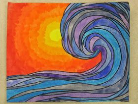 Last year, I taught my 6th grade students about contrast with warm and cool colors. We created ocean paintings  inspired by Drew Brophy. The... Summer Art Projects, 6th Grade Art, 4th Grade Art, 3rd Grade Art, Creation Art, Young Art, Warm And Cool Colors, Ecole Art, Elementary Art Projects