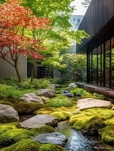 ↑↑↑ Larger size on website 🔸 A serene Japanese garden features a winding stream that flows through a bed of moss and rocks.  Larg Japanese Moss Garden, Japanese Rock Garden, Minimalist Japanese, Moss Garden, Wood Siding, Garden Features, Green Foliage, Modern Buildings, Natural Elements