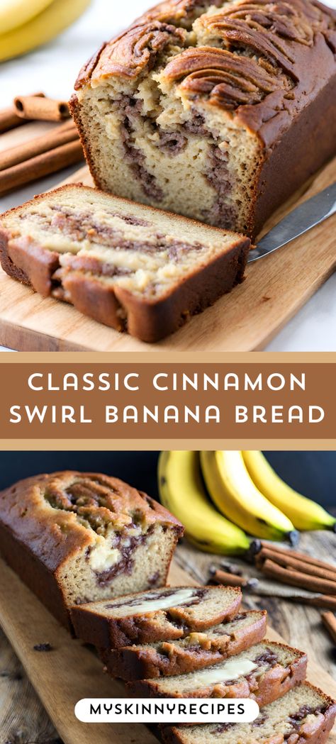 Indulge in the ultimate comfort treat with this Classic Cinnamon Swirl Banana Bread 🍌✨ Perfectly moist, with a delightful swirl of cinnamon sugar throughout! Easy to make and even easier to enjoy. #Classic Cinnamon Swirl Banana Bread#bananabread #cinnamonswirl #homemade #baking 🍞😋 Cinnamon Swirl Banana Bread Muffins, Banana Bread With Cinnamon Swirl, Cinnamon Swirl Banana Bread Recipe, Cinnamon Crunch Banana Bread Recipe, Banana Swirl Bread, Banana Bread Cinnamon Swirl, Cinnamon Banana Bread Muffins, Different Types Of Banana Bread, Banana Bread Recipe Cinnamon Swirl