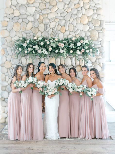 Summer Wedding Dresses 2022, Sage And Blush Wedding Bridesmaid Dresses, Wedding Colors In May, Mauve Summer Wedding, Wedding Party Looks, Classy Wedding Bridesmaid Dresses, Light Pink Wedding Party, May Bridesmaid Dresses, Pink Bridesmaid Dresses With Groomsmen