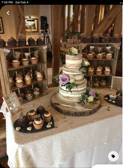 Country Wedding Cupcakes Rustic, Cupcake Table Wedding Rustic, Rustic Cake With Cupcakes, Rustic Wedding Cake And Dessert Table, Cheap Rustic Wedding Decor, Cake And Cupcake Stand Wedding, Sweets Table Set Up Ideas, Modern Romantic Rustic Wedding, High Noon Cake