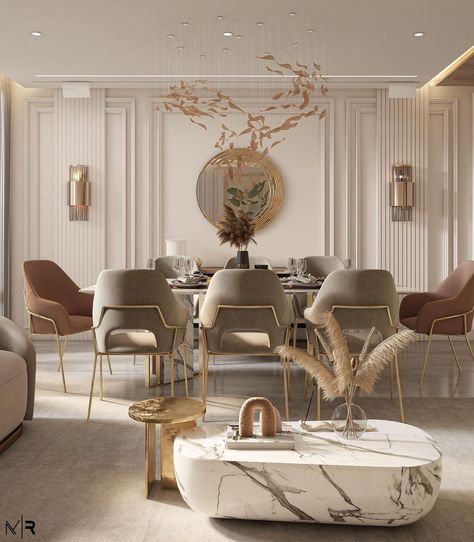 HOME'SOCIETY on Instagram: "Such an amazing dining room! We are in love with the warm colors and elements of this interior 🤎 Design by @moatazreda.designs Get…" Wall Design For Dining Area, Modern Classical Dining Room, Dining Area Wall Design, Dining Area Wall Decor Ideas, Modern Classic Dining Room, Neoclassical Dining Room, Modern Luxury Dining Room, Dining Room Design Modern Luxury, Modern Classic Dining