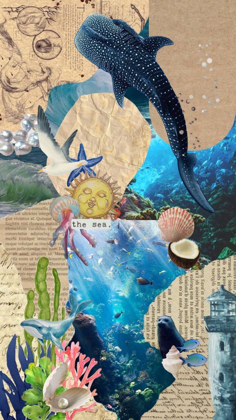 #vintage #scrapbook #sea #ocean #oceanaesthetic #beach #sealife #animals Vintage Ocean Poster, Sea Collage Wallpaper, Ocean Mixed Media, Ocean Themed Background, Sea Mixed Media, Reefwave Aesthetic, Scrapbook Sea Theme, Sea Life Mood Board, Ocean Scrapbook Ideas