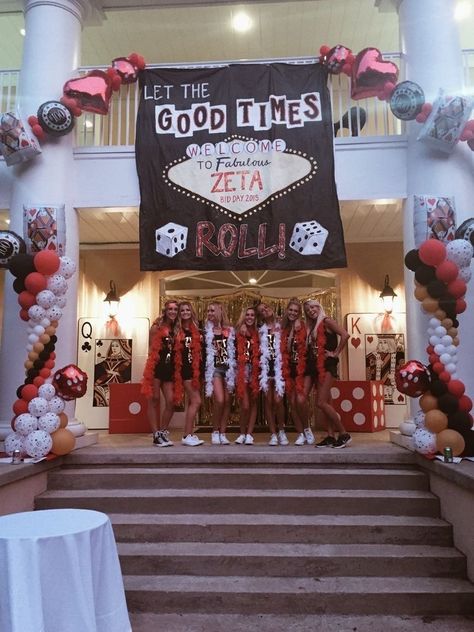 Frat Bid Day Themes, Let The Good Times Roll Bid Day, College Formal Themes, Pre Recruitment Themes, Vegas Sorority Theme, Sorority Event Ideas Party Themes, Let The Good Times Roll Party Theme, Theta Bid Day Themes, Zta Bid Day Themes