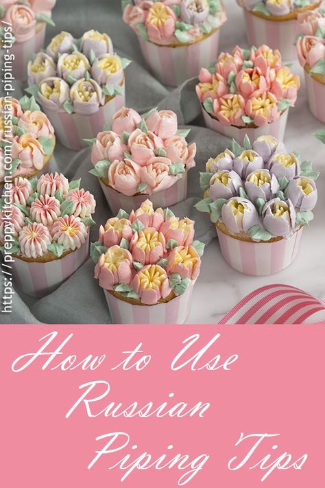 Russian piping tips allow you to create large numbers of uniform flowers very quickly so decorating your cakes and cupcakes flies by in a snap! via @preppykitchen Russian Cake Decorating Tips, Tips Preppy, Russian Cake Tips, Russian Cake Decorating, Russian Icing Tips, Icing Consistency, Russian Nozzles, Russian Cake, Rose Cupcake