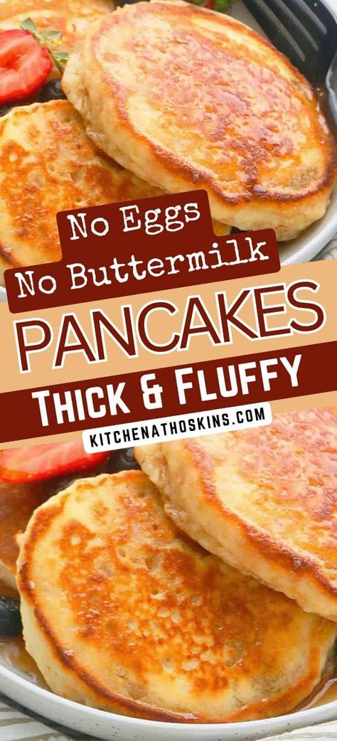 Learn how to make the best eggless pancakes recipe without buttermilk, that's soft and fluffy. They are homemade from scratch and has no eggs and no buttermilk. Get the easy pancake recipe without eggs at kitchenathoskins.com. Eggless Pancake Mix Recipe, Pancakes Without Milk And Eggs, No Egg Pancakes Easy, Pancake Recipe No Milk No Egg, Pancake Recipe No Vanilla Extract, Homemade Pancakes Easy No Egg, Pancake Mix Without Eggs, Pancake Mix Recipe No Egg, Pancake Recipes Without Eggs