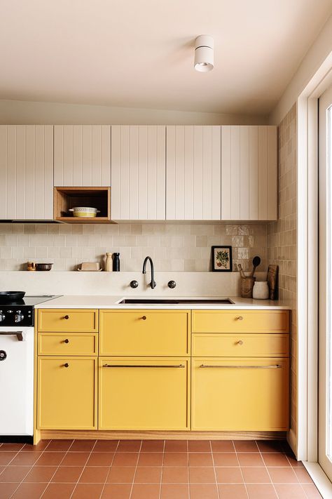 Yellow Cabinets, Yellow Bathroom, Yellow Tile, Victorian Cottage, Yellow Kitchen, White Cabinetry, Powder Bath, Business Furniture, Bathroom Tiles