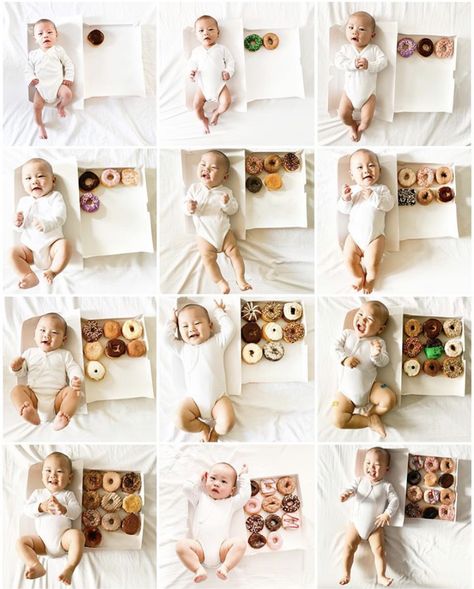 Unique Monthly Milestone Ideas, Baby Monthly Picture Ideas, Baby Boy Monthly Photoshoot Ideas, Donut Milestone Pictures, Donut Monthly Milestone Pictures, Monthly Baby Milestones Photo Ideas, Newborn Milestones Monthly, Milestones For Babies Monthly Pictures, Monthly Photoshoot Ideas For Baby