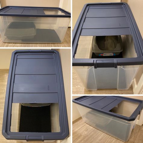 Litter Box In Storage Bin, Storage Bin Litter Box Kitty, Litter Box In Bedroom, Storage Bin Litter Box Diy, Cat Litter Box Storage Bin, Top Entry Cat Litter Box Diy, Diy Litter Box Enclosure Top Entry, Diy Large Cat Litter Box Ideas, Diy Top Entry Cat Litter