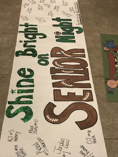 Senior Night Student Section, Football Theme Ideas For Games, Run Through Signs Football Hoco, Shine Bright On Senior Night Poster, Homecoming Student Section Signs, Winning Football Game Captions, Senior Football Signs, Football Runout Signs, Football Locker Signs High School