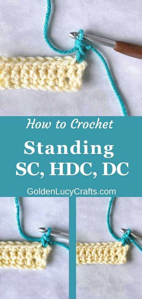 Photo and video tutorial on crochet standing stitches single crochet (sc), half double crochet (hdc), and double crochet (dc) Crochet Standing Stitch, Standing Crochet Stitch, Standing Stitch Crochet, Standing Double Crochet Tutorial, Hdc Crochet, Crochet Hacks, Practical Crochet, Crochet Hdc, Easy Beginner Crochet Patterns