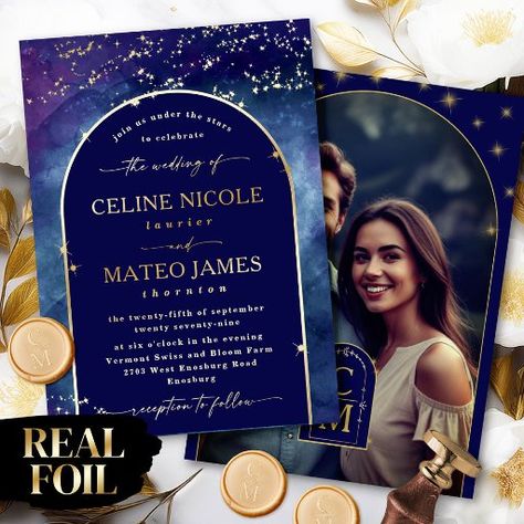 Celine • Night Sky Arched Engagement Photo Gold Foil Invitation Floral Invitation Design, Unique Wedding Colors, Photo Wedding Card, Galaxy Wedding, Gold Foil Invitation, Romantic Aesthetic, Photo Gold, Rustic Fall Wedding, Photo Wedding Invitations