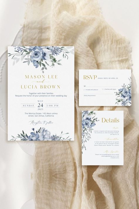 This is 3 pieces dusty blue boho wedding invitation set. Features elegant blue floral design with gold beautiful fonts. The template is a fully editable template. Perfect match to floral bridal shower or Elegant floral Wedding theme. The template is an instant digital download and printable at your home or online/local printing store Dusty Blue Boho Wedding, Blue Boho Wedding, Floral Wedding Theme, Boho Wedding Invite, Dusty Blue Wedding Invitation, Engagement Invitation Cards, Blue Wedding Invitation, Dusty Blue Wedding, Gold Wedding Theme