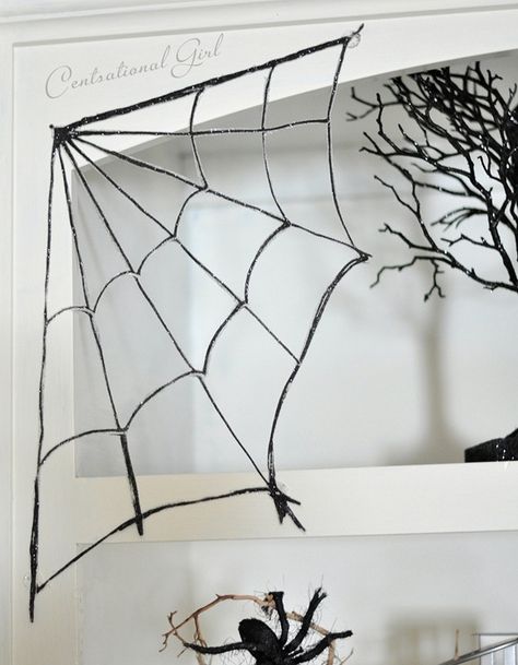 Centsational Girl » Blog Archive » Glitter Spider Webs + Spooky Shelves Spooky Shelves, Sew Halloween, Spider Web Decoration, Halloween Iii, Halloween Kunst, Regal Design, Halloween 2014, Spider Webs, Halloween Spider Web