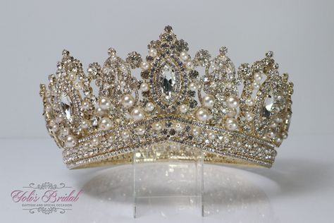 "FAST SHIPPING Beautiful sparkling crystal tiara plated gold. Perfect for your Quinceañera, Wedding, First Communion or Confirmation. It has a loop at the end of each side to attach it in your hair with bobby pins for added security. Approx. 3.75\" tall at its tallest point We usually ship within 1-2 business days. Style-RN205G" Big Gold Crown, White And Gold Quinceanera Crown, Gold Quince Crowns Big, Quince Crowns Gold, Gold Crown Quinceanera, Quinceanera Crowns Gold, Quince Crowns, Champagne Quince, Quince Crown