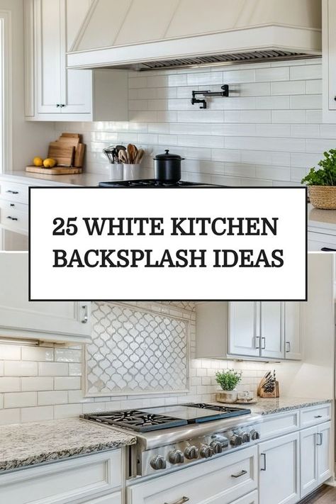 Discover stunning white kitchen backsplash ideas for your modern farmhouse style. Be inspired by chic white tiles that elevate your kitchen's aesthetic. Whether you prefer a classic subway tile or a unique brick design, these ideas will transform your space. Create a bright, clean look with these contemporary white kitchen backsplash options. From sleek tiles to textured bricks, find the perfect inspiration for your home renovation project. Kitchen Backsplash Antique White Cabinet, Unique White Tile Backsplash, Classic White Backsplash, Most Popular Backsplash Kitchen, Kitchen Backsplash Classic, White Brick Kitchen Backsplash, Brick Kitchen Backsplash Ideas, Subway Tile Kitchen Backsplash Ideas, Back Splashback Kitchen