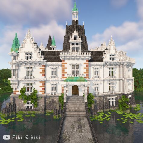 Timelapse vid on is our YouTube channel: Fiki & Biki 🐔 Minecraft French Mansion, Minecraft Victorian House Blueprints, Minecraft Royal Castle, Minecraft Baroque Building, Minecraft French Building, Minecraft Parisian Building, French Chateau Minecraft, Minecraft Castle Garden, Minecraft Victorian Mansion