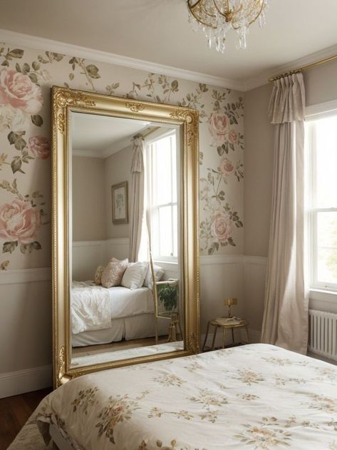 Set the stage for a Taylor Swift-inspired aesthetic bedroom with a vintage floral wallpaper as the focal point. Add a touch of glamour with a gold-framed full-length mirror and finish off the look with fairy lights draped above the bed. Gold Mirror Full Length, Mirror On Ceiling Above Bed, Full Length Mirror Gold Frame, Mirror Above Bed, Full Length Mirror In Bedroom, Curtains Behind Bed, Vintage Floral Wallpaper, Dream Master, Mirror Bed