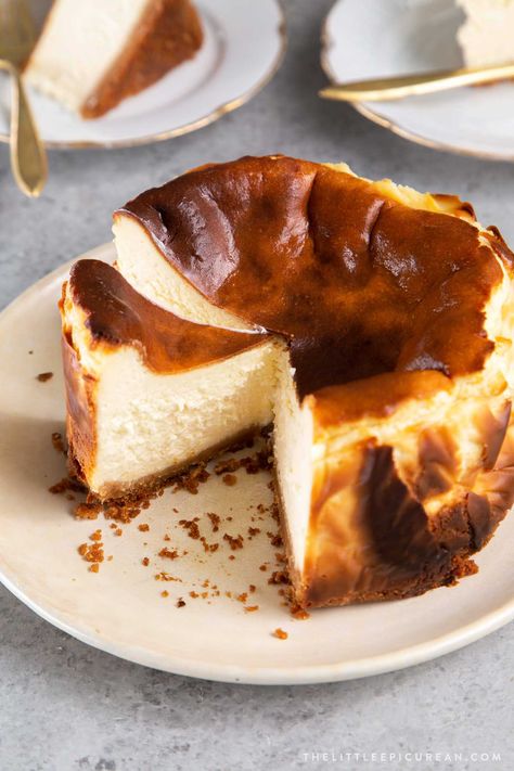 This is not an authentic Basque cheesecake. It is my interpretation of a burnt Basque-style cheesecake with the addition of a vanilla cookie crust bottom. Basque Cake, Basque Cheesecake, Wafer Cookies, Round Cake Pans, Food Cakes, Ice Cream Cake, Cheesecake Recipes, Just Desserts, Baked Goods