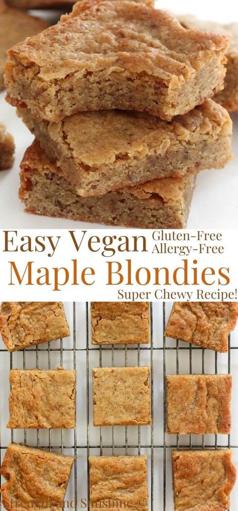 Gluten-Free Maple Blondies (Vegan, Allergy-Free) | Strength and Sunshine | These super easy Gluten-Free Maple Blondies are vegan, allergy-free, and just 8 ingredients! Incredibly chewy, soft, buttery, and packed with rich maple and caramel-y brown sugar flavors! This simple nut-free, dairy-free, and eggless blondie recipe is a lightened up and healthy treat everyone will be reaching for! #blondies #veganblondies #glutenfreeblondies #eggless #maple #maplesyrup Maple Blondies, Nut Free Desserts, Gluten Free Dairy Free Dessert, Vegan Gluten Free Desserts, Vegan Baking Recipes, Nut Free Recipes, Healthy Treat, Vegan Gluten Free Recipes, Gluten Free Dairy Free Recipes