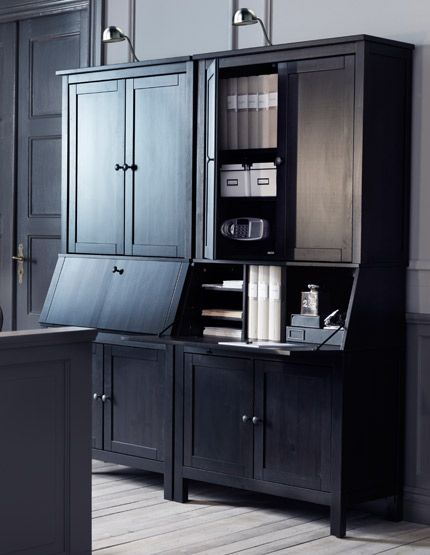 Two HEMNES black-brown bureaus with add-on unit -- maybe one of these in the dining nook to keep my biz stuff? Ikea Secretary Desk, Log Furniture Plans, Desk Secretary, Modern Farmhouse Desk, Den Makeover, Ikea Linnmon, Cabinetry Ideas, Ikea Furniture Makeover, Bookcase Ideas